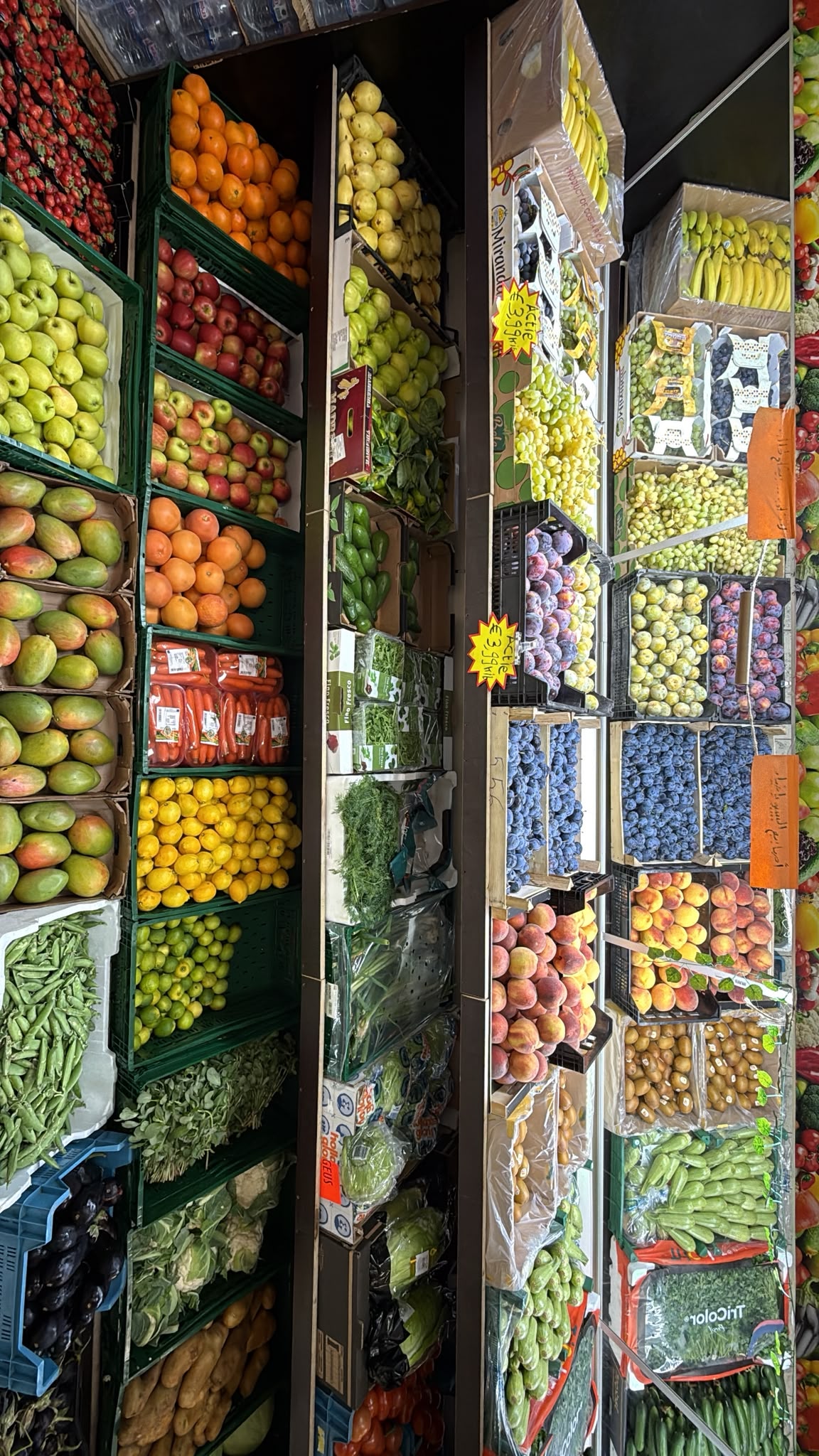 Het fruitaanbod bij Joud met onder andere mango’s, citrusvruchten en druiven